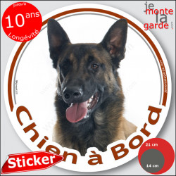 Berger Belge Malinois sombre noir Tête, sticker autocollant rond "Chien à Bord" adhésif vitre voiture photo disque