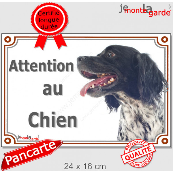 Epagneul Breton noir et blanc Tête, plaque portail "Attention au Chien" pancarte portail photo