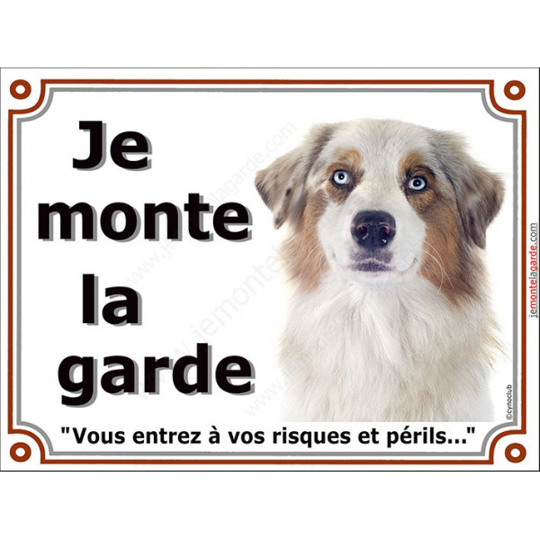 Berger Australien Rouge Merle Et Blanc Tête Plaque Je Monte La Garde Panneau Affiche Risques Périls Pancarte