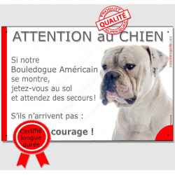 Bouledogue Américain blanc, plaque portail humour "Attention au Chien, Jetez Vous au Sol" 24 cm