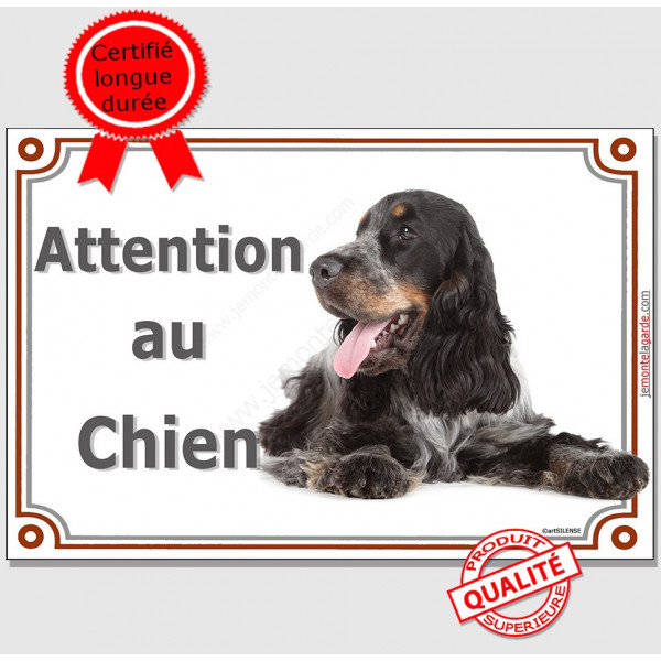 Cocker Anglais Tricolore blanc, noir et feu, plaque portail "Attention au Chien" panneau pancarte affiche photo