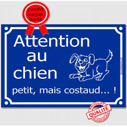 Plaque humour bleue "Attention au Chien Petit, mais Costaud..." 3 tailles FUN D