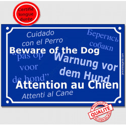 Plaque de rue bleue "Attention au Chien" multilingue pour lieux accueillant des étrangers