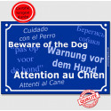 Plaque bleue portail "Attention au Chien" multilingue 24 cm