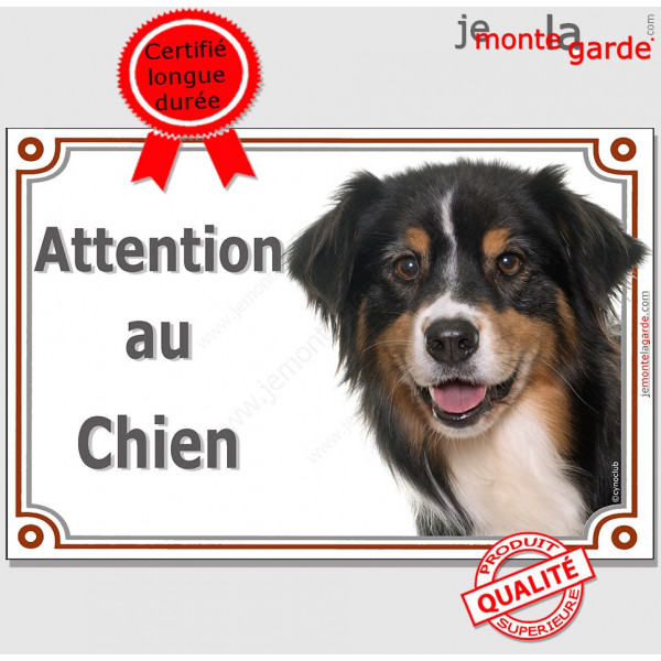 Berger Australien Tricolore Noir Tête, Plaque portail "Attention au Chien" panneau affiche pancarte photo