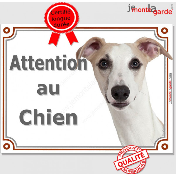 Lévrier Whippet fauve, plaque portail "Attention au Chien" panneau pancarte photo