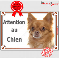 Chihuahua poils longs, plaque portail "Attention au Chien" 24 cm LUX