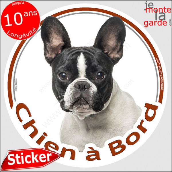 Bouledogue Français Caille blanc et noir Tête, sticker autocollant rond "Chien à Bord" Disque adhésif photo vitre voiture