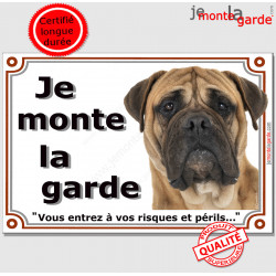 Bullmastiff fauve clair Tête, plaque portail "Je Monte la Garde risques périls" pancarte panneau photo