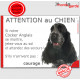 Cocker Anglais Spaniel bleu, plaque portail humour "Attention au Chien, Jetez Vous au Sol, attendez secours, courage" gris-noir 