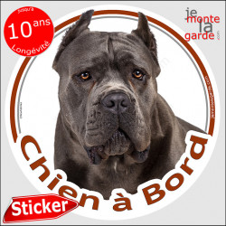 Cane Corso gris oreilles taillées, sticker voiture rond "Chien à Bord" 14 cm