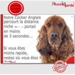 Cocker Anglais Golden, plaque humour "distance niche-portail 3 secondes, rapide" pancarte attention au chien photo Cocker marron