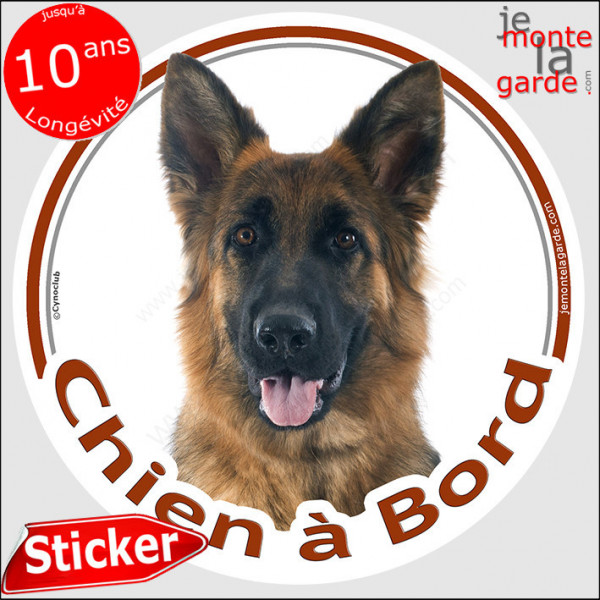 Berger Allemand poils mi-longs Tête, sticker autocollant rond "Chien à Bord" Disque photo voiture auto adhésif