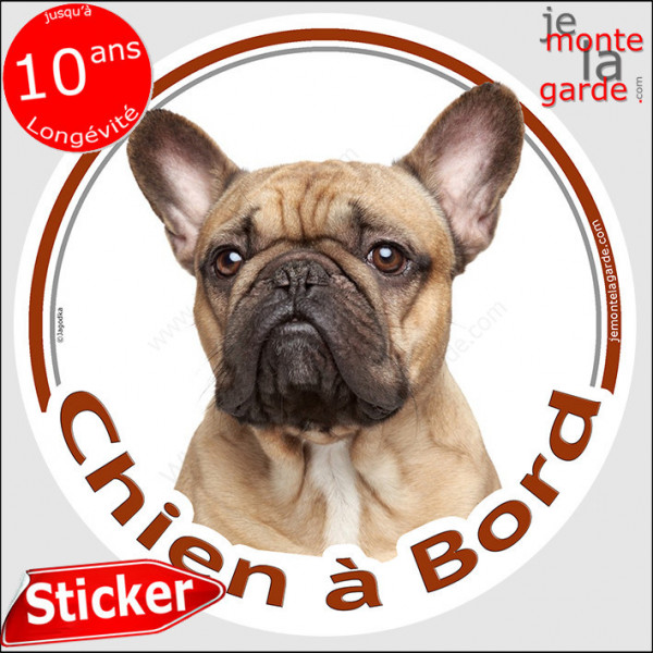 Bouledogue Français Fauve, sticker autocollant rond "Chien à Bord" Disque adhésif photo Bulldog beige sable