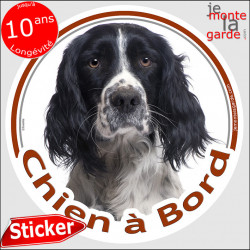 Springer noir et blanc , sticker autocollant rond "Chien à Bord" Disque photo adhésif vitre voiture