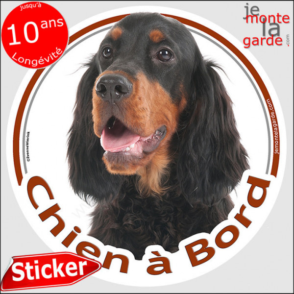 Setter Gordon noir et feu, sticker autocollant rond "Chien à Bord" disque photo adhésif vitre voiture