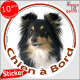 Berger Shetland tricolore, sticker autocollant rond "Chien à Bord" Disque photo adhésif vitre voiture Sheltie noir et feu