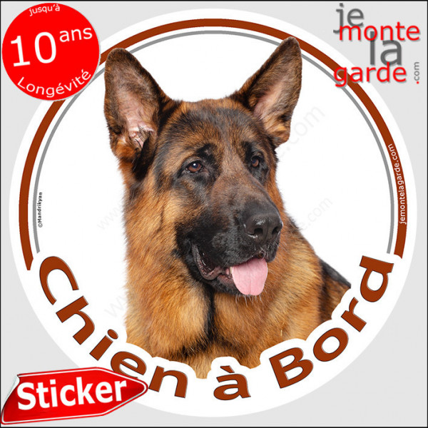 Berger Allemand poils courts, disque autocollant rond "Chien à Bord" Sticker adhésif voiture photo noir et feu