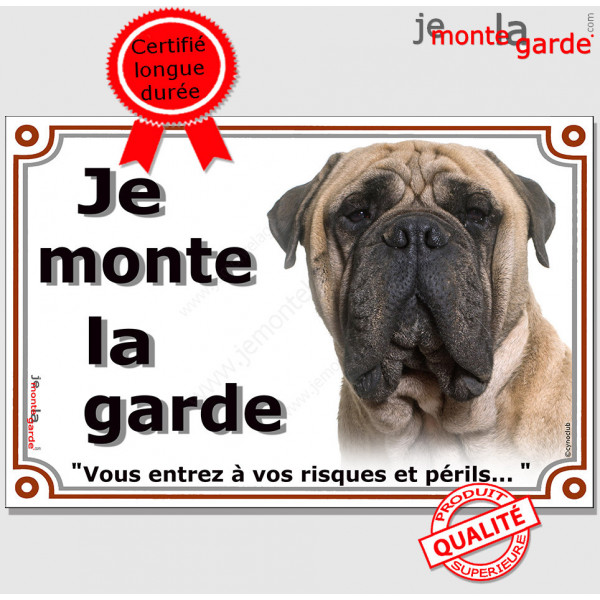 Bullmastiff Fauve Sable Tête, Plaque portail "Je Monte la Garde, risques périls" panneau affiche pancarte photo beige