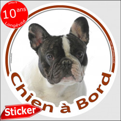 Bouledogue Français caille, sticker voiture rond "Chien à Bord" 15 cm