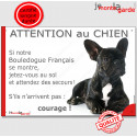 Bouledogue Français bringé, plaque portail humour "Attention au Chien, Jetez Vous au Sol" 24 cm JET