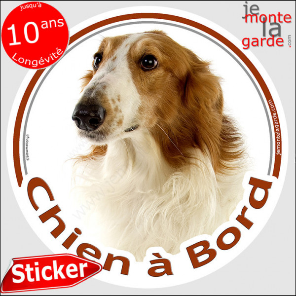 Lévrier Barzoï fauve marron et blanc, disque photo autocollant "Chien à Bord" Sticker adhésif rond vitre voiture Barzoi orange