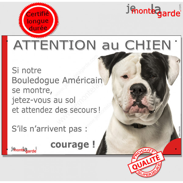 Bouledogue Américain blanc et noir, plaque portail humour "Attention au chien, Jetez Vous au Sol, courage" pancarte photo