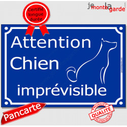 Plaque Portail bleue humour "Attentiion au Chien Imprévisible" 24 cm FUN