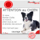 Border Collie noir et blanc poils longs couché, plaque portail humour "Attention au Chien, Jetez Vous au Sol" pancarte photo