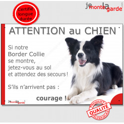 Border Collie noir et blanc poils longs couché, plaque portail humour "Attention au Chien, Jetez Vous au Sol" pancarte photo