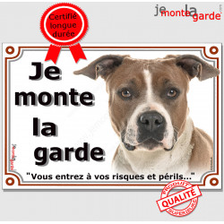 Amstaff Fauve et Blanc Tête, plaque portail "Je Monte la Garde risques périls" pancarte panneau photo pancarte attention chien 