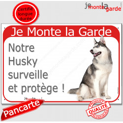 Husky Gris, plaque portail rouge "Je Monte la Garde, surveille protège" 24 cm RED