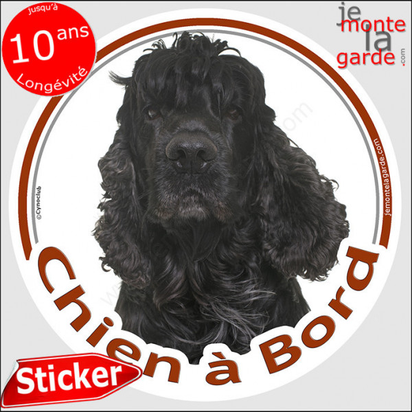 Cocker Américain noir, sticker autocollant rond "Chien à Bord" disque photo adhésif vitre voiture