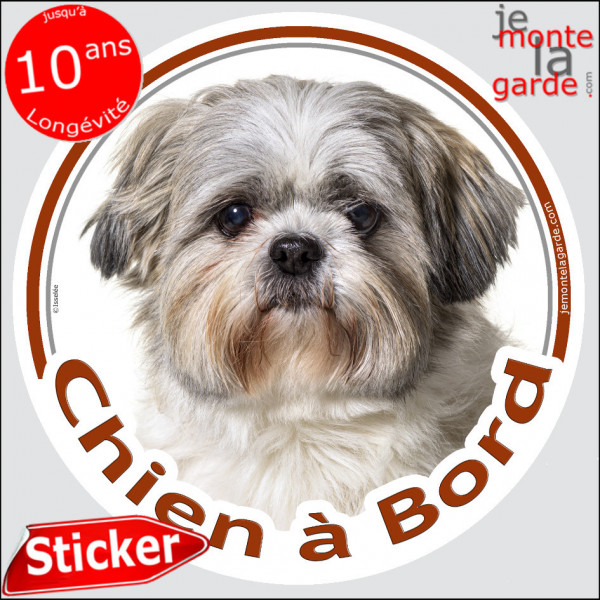 Shih-Tzu gris-bleu Tête, sticker autocollant rond "Chien à Bord" disque adhésif vitre voiture photo Shitsu