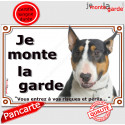 Bull Terrier tricolore, plaque portail "Je Monte la Garde, risques périls" 24 cm LUX