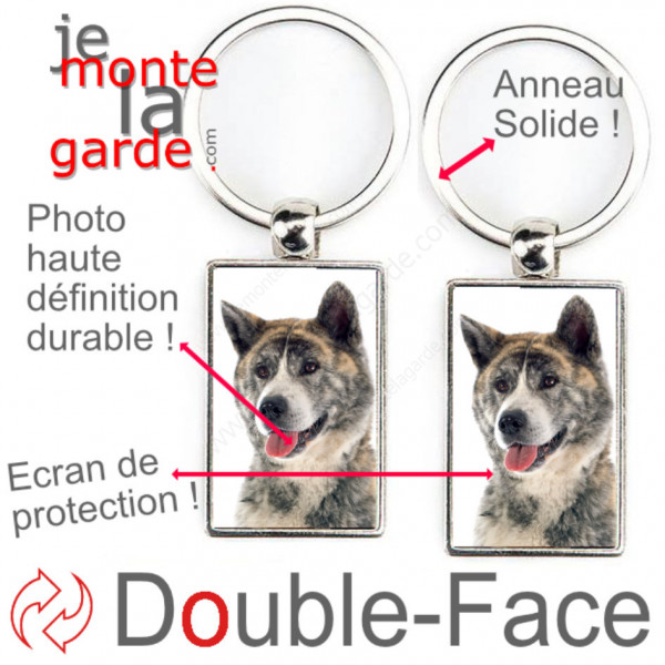 Porte-Clefs métallique double face photo Akita Inu Japonais bringé, idée cadeau porte clés fer acier