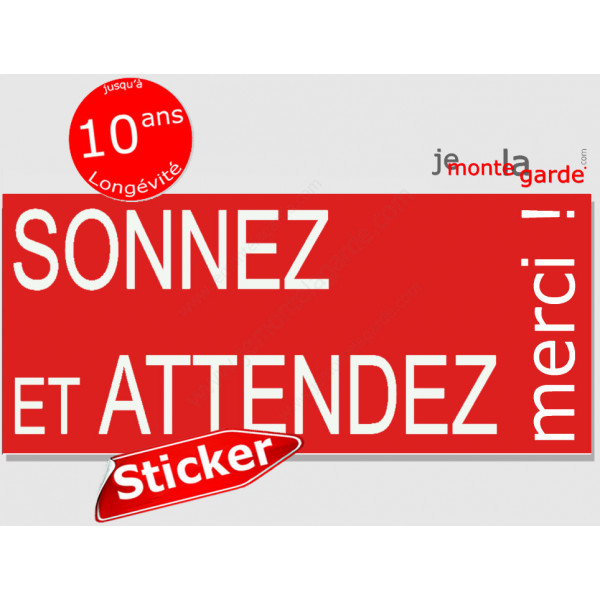 "Sonnez et Attendez, merci !" Sticker rouge pancarte autocollant boite aux lettres, porte entrée sonnette