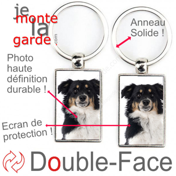 Porte-Clefs métallique double face photo Berger Américain Miniature tricolore noir, idée cadeau fer acier Aussie Australien toy