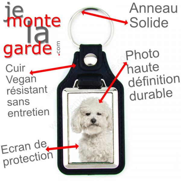 Porte-clés en cuir vegan et support en métal, avec la photo de votre Bichon frisé, idée cadeau porte clés