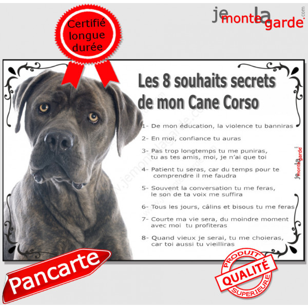 Cane Corso gris bleu Tête, Plaque Portail "Les 8 Souhaits Secrets" pancarte, affiche panneau, commandements éducation