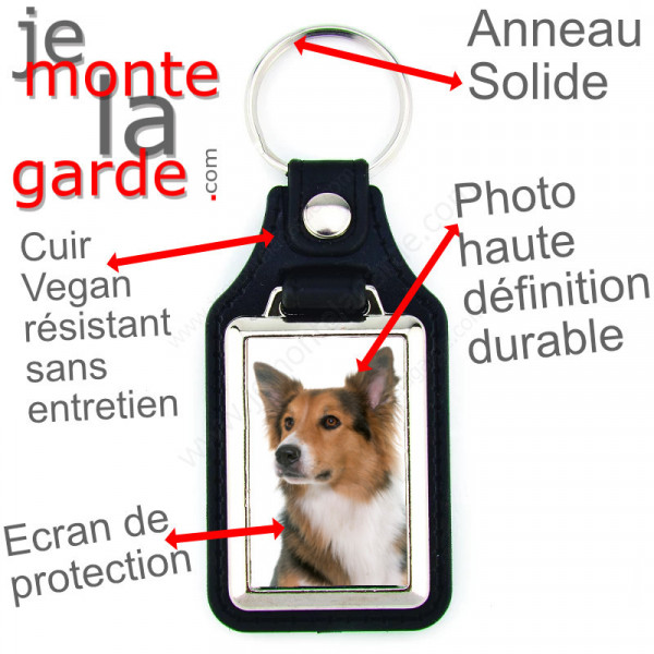 Porte-clés en cuir vegan et support en métal, avec la photo de votre Border Collie tricolore, idée cadeau porte clef