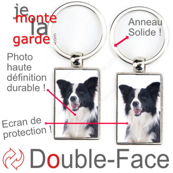 Porte-Clefs métallique double face photo Border Collie noir et blanc à poils longs, idée cadeau porte clés fer acier