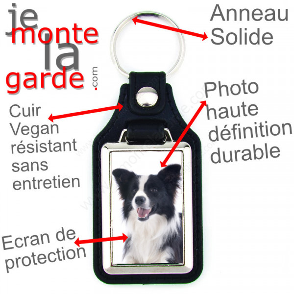 Porte-clés en cuir vegan et support en métal, avec la photo de votre Border Collie noir à poils longs, idée cadeau clef 