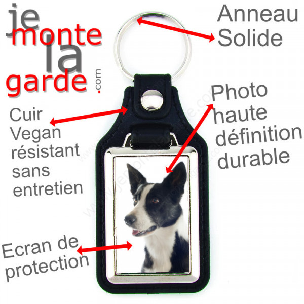 Porte-clés en cuir vegan et support en métal, avec la photo de votre Border Collie noir à poils courts, idée cadeau clef 