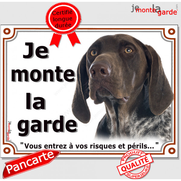 Braque Allemand tête, plaque Portail "Je Monte la Garde, risques et périls" pancarte panneau affiche, attention au chien photo