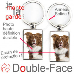 Porte-Clefs métallique double face photo Border Collie marron chocolat et blanc, idée cadeau porte clés fer acier