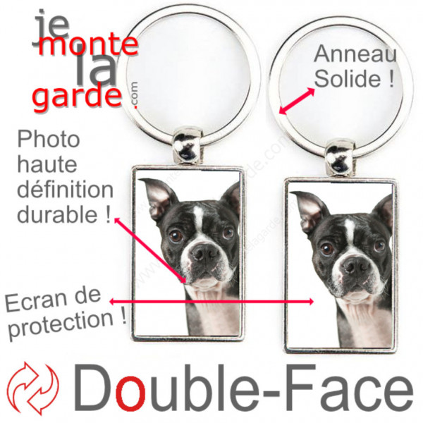 Porte-Clefs métallique double face photo Boston Terrier noir et blanc, idée cadeau porte clés fer acier