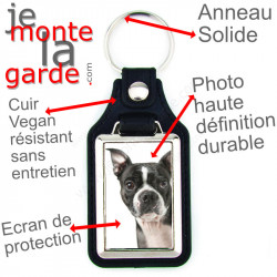 Porte-clés en cuir vegan et support en métal, avec la photo de votre Boston Terrier noir et blanc, idée cadeau porte clés