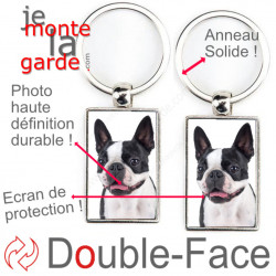 Porte-Clefs métallique double face photo Boston Terrier noir et blanc, idée cadeau porte clés fer acier