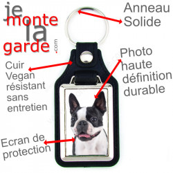 Porte-clés en cuir vegan et support en métal, avec la photo de votre Boston Terrier noir et blanc, idée cadeau porte clés